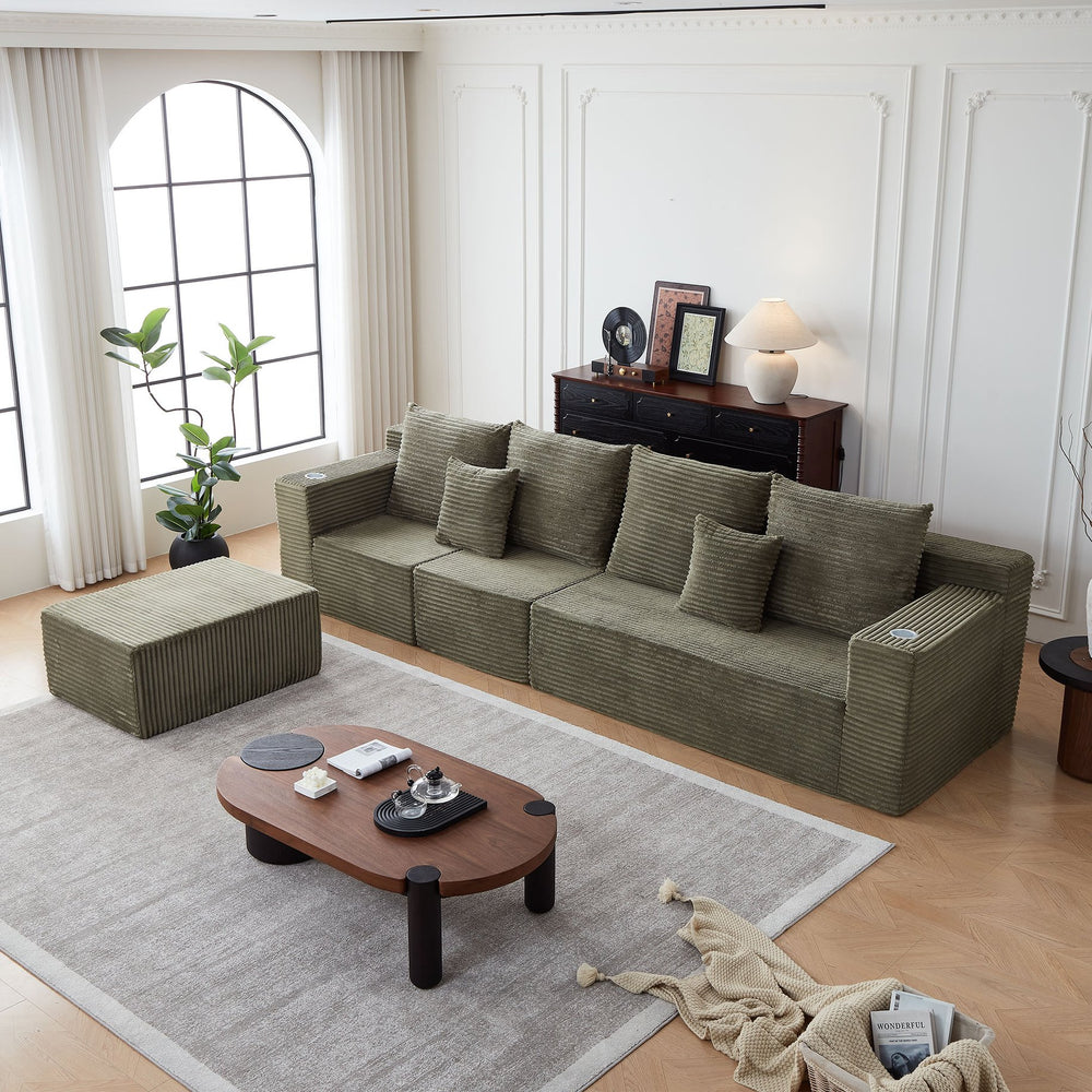 English Elm Deep Seat Corduroy Modular Cloud Couch - Plush Comfort With Built-In Cup Holders, No Assembly Needed! W848S00053