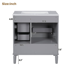 English Elm 30" Elegant Bathroom Vanity with Ceramic Sink, Soft-Close Door & 3 Drawers, Gold Handles, Durable Finish Gray N729P184479E