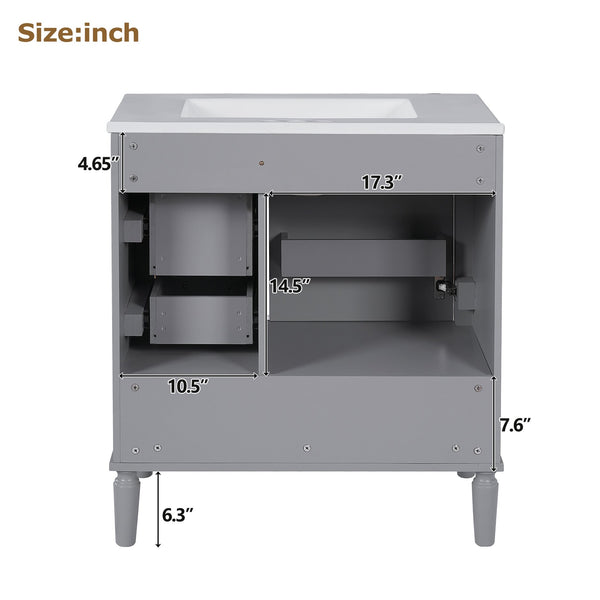 English Elm 30" Elegant Bathroom Vanity with Ceramic Sink, Soft-Close Door & 3 Drawers, Gold Handles, Durable Finish Gray N729P184479E