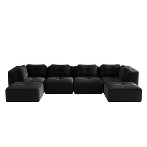English Elm Modern Corduroy U-shaped Sectional with Deep Seating Two Ottomans Tufted Detail Black W714S01794