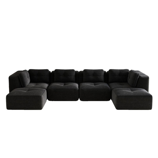 English Elm Modern Corduroy U-shaped Sectional with Deep Seating Two Ottomans Tufted Detail Black W714S01794