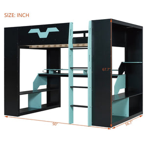English Elm Full Size Gaming Loft Bed with Rgb Lighting Built-in Desk and Usb Charging Ports Blue LT000275AAC