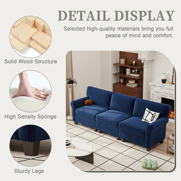 English Elm 94" Corduroy Three Seater Sofa Deep Cushioned Solid Wood Frame Modern Living Room Couch Blue W2715S00009