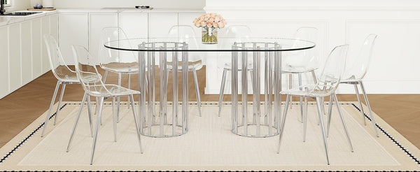 English Elm Table and Chair Set Oval Tempered Glass Top Silver Base with 8 Acrylic Dining Seats W1151S04747