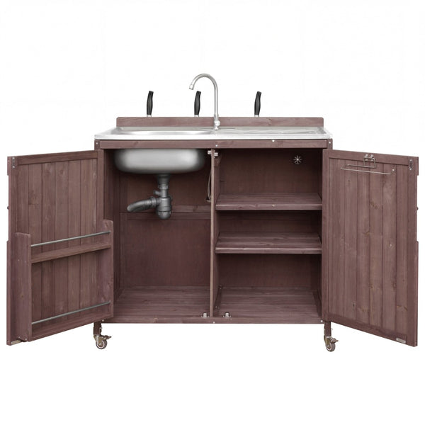 English Elm K&k Outdoor Prep Station Stainless Steel Top Fir Wood Cabinet with Drawer and Wheels N707P370281Z