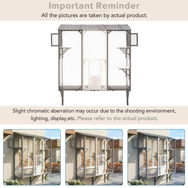 English Elm Outdoor Fir Wood Window Catio Enclosure with Four Climbing Platforms for Cats Grey,White N719P418371K