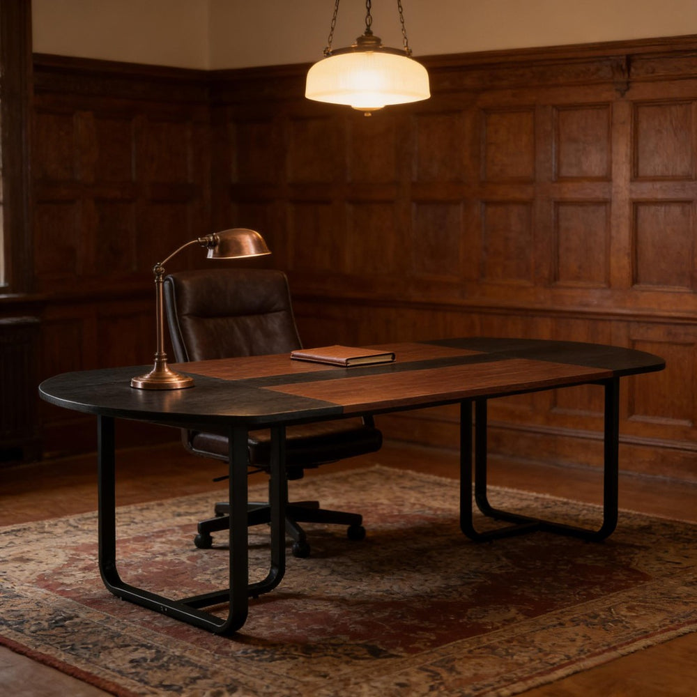 English Elm Industrial Executive Wood Desk with Rustic Brown Veneer for Home Office Workspaces T3971P457923