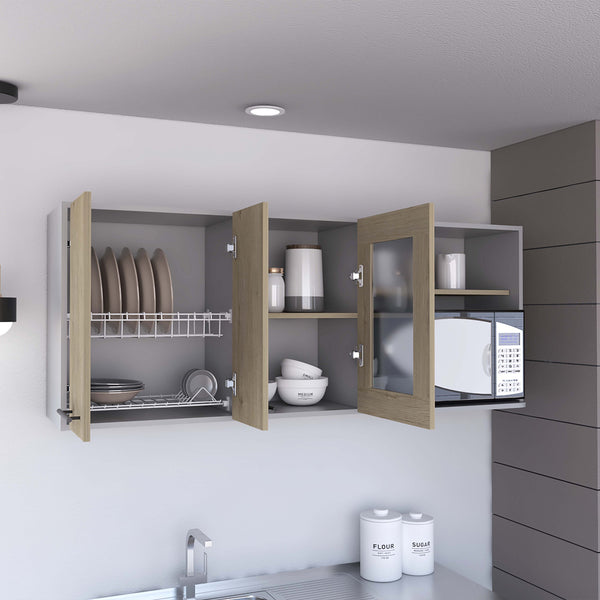 English Elm Wall Light Pine Glass Wall Cabinet Double Door Rack - Removable, Engineered Wood, Beige Chic Finish B097S00187