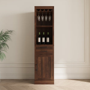English Elm brown walnut modular wine bar cabinet with hutch, buffet storage, drawer & shelf for dining room W331P213375