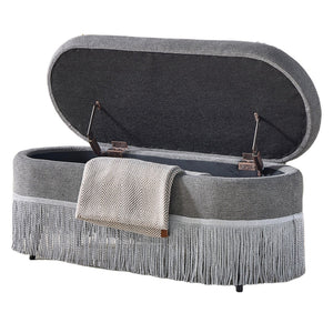 English Elm Oval Fringe Trim Upholstered Lift Top Storage Ottoman Stylish Footrest for Any Room Grey W5501P462408