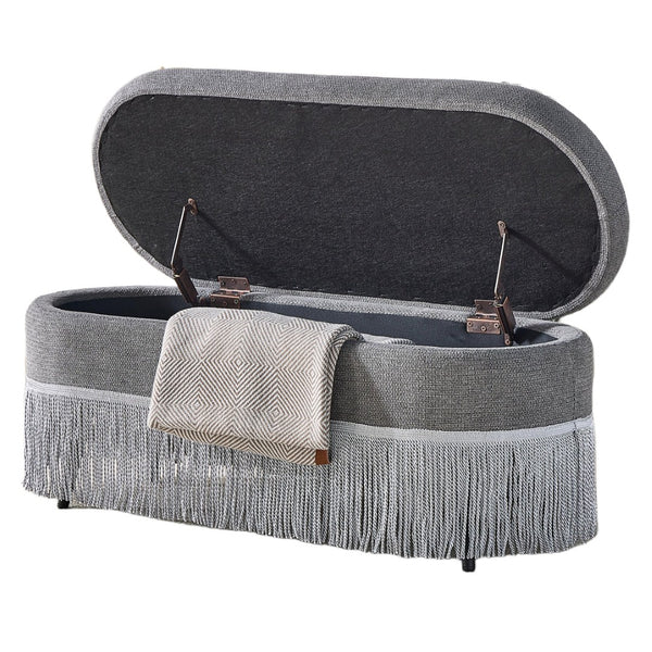 English Elm Oval Fringe Trim Upholstered Lift Top Storage Ottoman Stylish Footrest for Any Room Grey W5501P462408