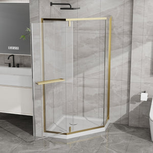 English Elm Goodyo Neo-angle Corner Shower Enclosure Gold Frame Tempered Glass with Acrylic Base W1223S00042