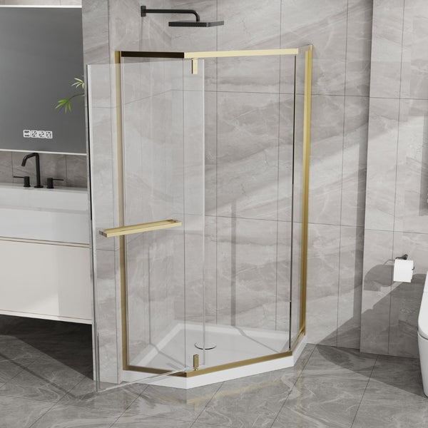 English Elm Goodyo Neo-angle Corner Shower Enclosure Gold Frame Tempered Glass with Acrylic Base W1223S00042