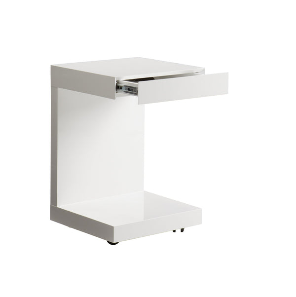 Sunpan Bachelor C-Shaped Side Table Lacquered Gloss Finish with Drawer and Rolling Casters 36556