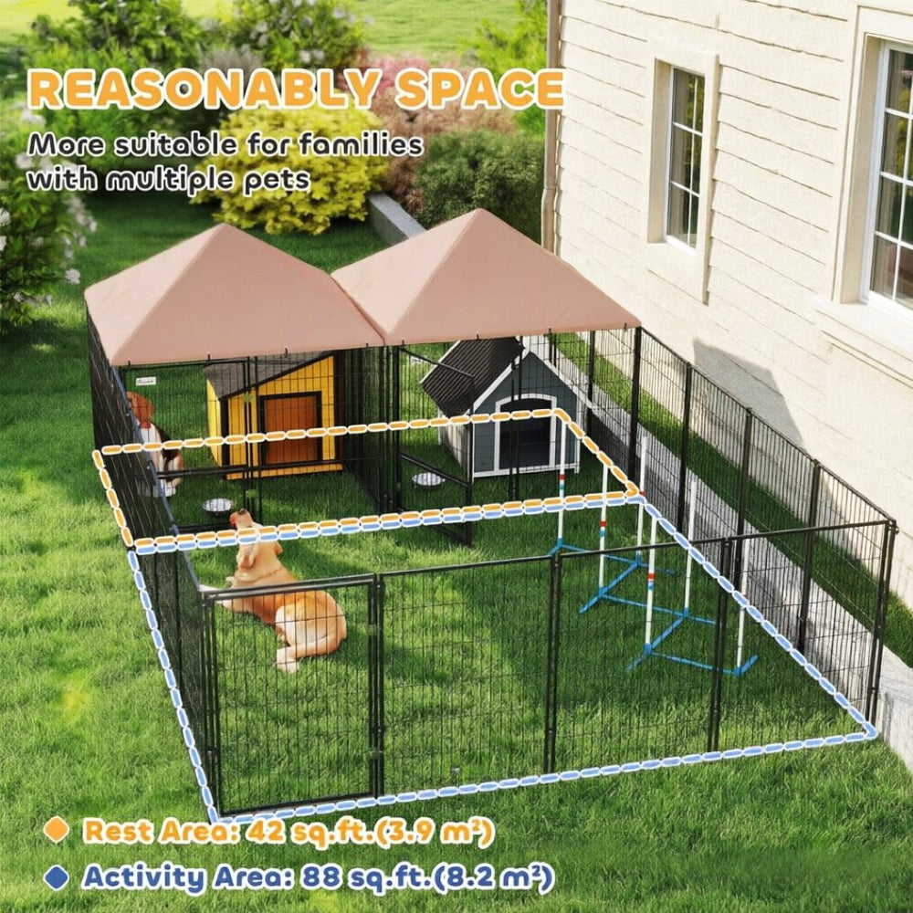 English Elm Large Steel Welded Wire Outdoor Dog Kennel Two Rooms Pvc Roof Adjustable Bowls T3971S00246