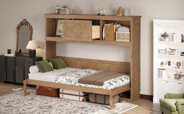 English Elm Twin Size Murphy Bed With Charging Station, Storage Drawer & Stylish Wood Finish For Space-Saving Design N7090004019D-GIGA