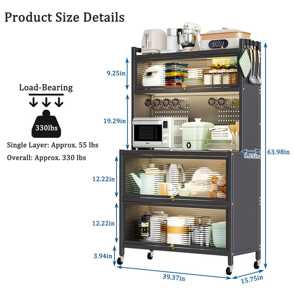 English Elm 64" 5-Tier Kitchen Pantry Cabinet on Wheels with Transparent Flip Doors, DIY Pegboard, Heavy-Duty Metal Storage Rack W3204P300624