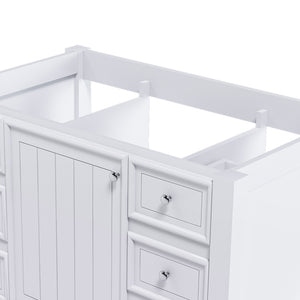 English Elm 36-inch white bathroom vanity without sink — solid wood frame, 1 cabinet, 3 drawers, quiet hardware, shelf W509P347341