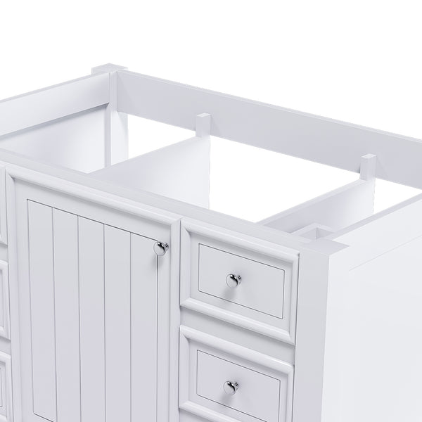 English Elm 36-inch white bathroom vanity without sink — solid wood frame, 1 cabinet, 3 drawers, quiet hardware, shelf W509P347341