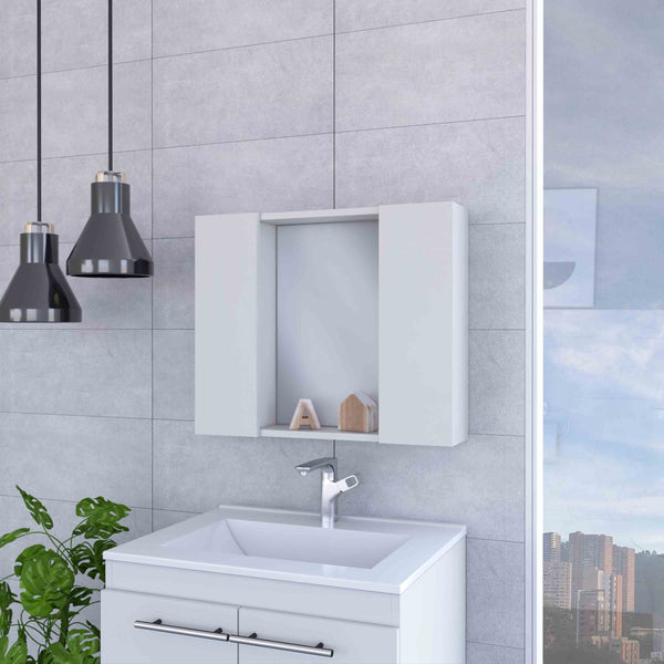 English Elm Draco Modern Wall Medicine Cabinet with Mirror and External Shelf, Double Door Storage Solution White 28 L x 26 W x 3 H B128P148908