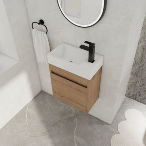 English Elm 18'' Floating Vanity with White Resin Sink, Soft-Close Door, Open Shelf Storage, Water-Resistant Finish W99936260