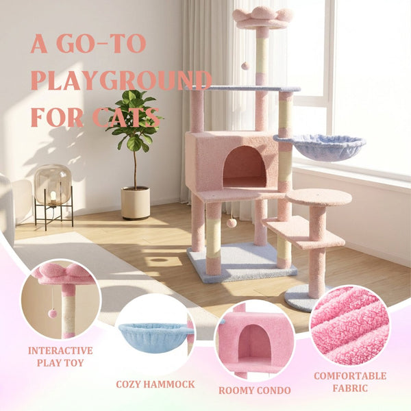English Elm Flower Cat Tree Five Level Plush Climbing Tower with Condo Hammock and Sisal Posts W243P451157