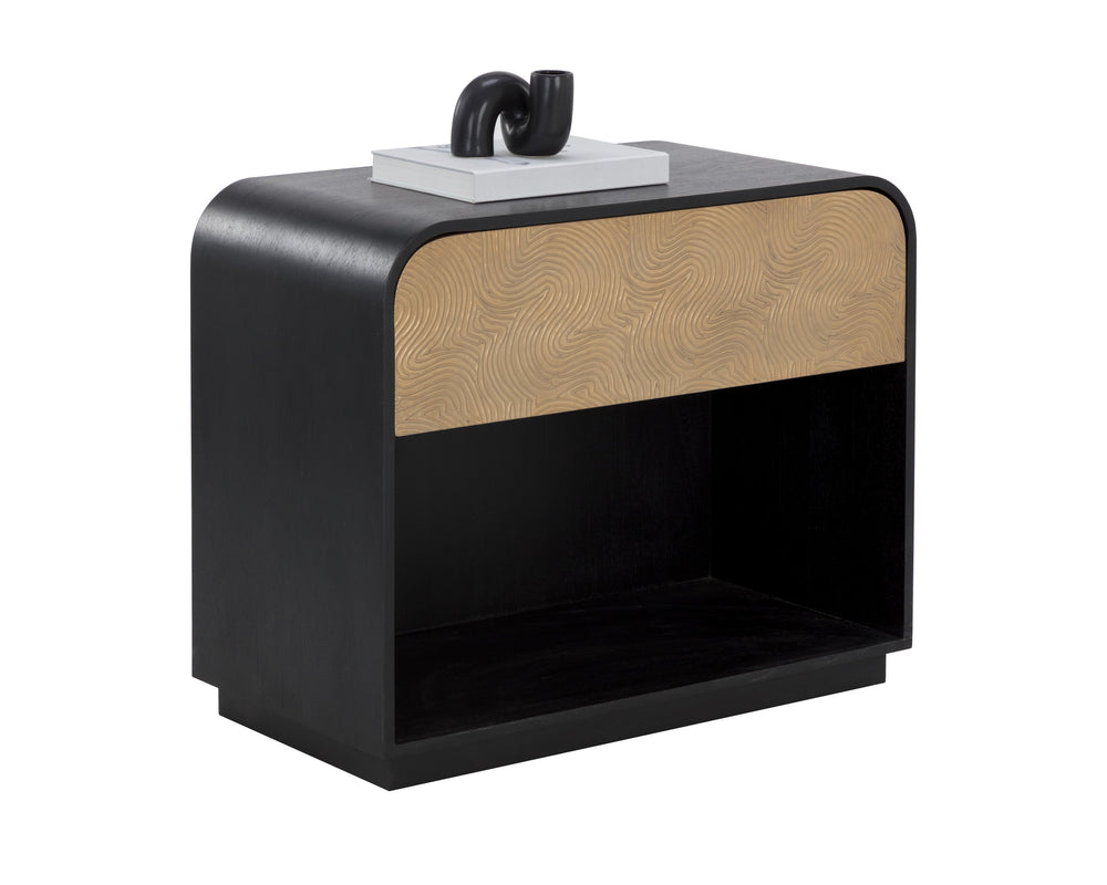 Sunpan Algarve Nightstand: Timeless Mid-Century Design with Antique Gold Accents and Unique Craftsmanship Black / Champagne Gold