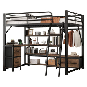 English Elm Queen Size Loft Bed With Desk & Led Lighting - Stylish Metal Bed With Storage & Workstation For Small Spaces W2593S00041-GIGA