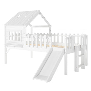 English Elm Twin Playhouse Loft Bed Solid Pine Frame with Slide Led Lights and Star Roof White W5316S00001
