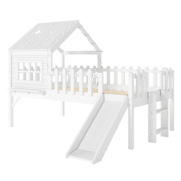 English Elm Twin Playhouse Loft Bed Solid Pine Frame with Slide Led Lights and Star Roof White W5316S00001
