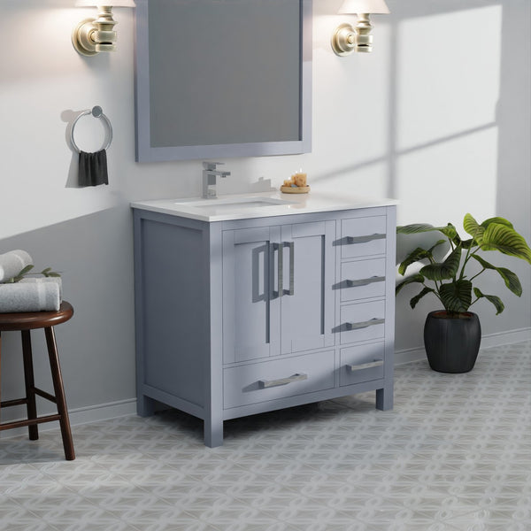 English Elm Dark Grey 36 in Bathroom Vanity with White Quartz Top, Left Offset Sink, Soft-Close Drawers, Durable B2731P258830