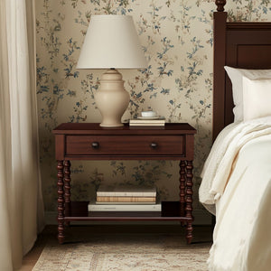 English Elm Large Cottage Nightstand with Spindle Legs Open Shelf and Drawer for King Beds Morocco Brown B035P408398