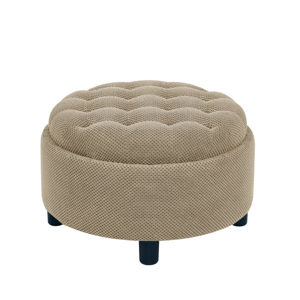 English Elm 25 Inch Round Fabric Pouf Ottoman with Removable Wooden Lid and Hidden Interior Storage Camel W5568P461369