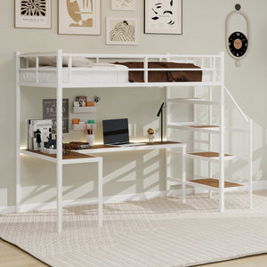 English Elm Loft loft bed with L-shaped desk, built-in storage stairs, 360° guardrail, sturdy iron frame for small rooms White W1935S00004