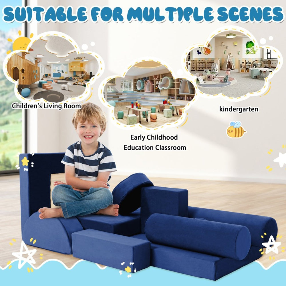 English Elm 14pcs Modular Foam Play Couch Set Convertible Toddler Fort Builder for Playrooms Blue T5880P493430