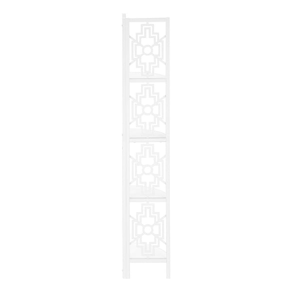 HomeRoots 62" Elegant White Metal Corner Bookcase with Geometric Cutwork - Stylish Storage for Any Room 366068