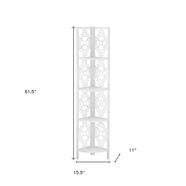 HomeRoots 62" Elegant White Metal Corner Bookcase with Geometric Cutwork - Stylish Storage for Any Room 366068