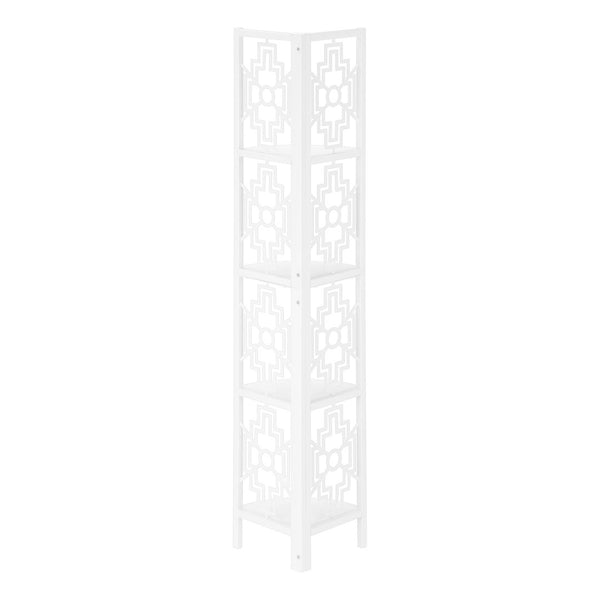 HomeRoots 62" Elegant White Metal Corner Bookcase with Geometric Cutwork - Stylish Storage for Any Room 366068