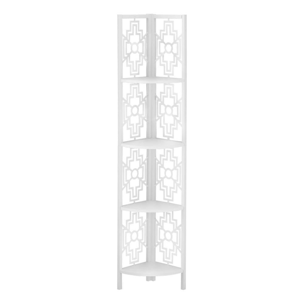 HomeRoots 62" Elegant White Metal Corner Bookcase with Geometric Cutwork - Stylish Storage for Any Room 366068