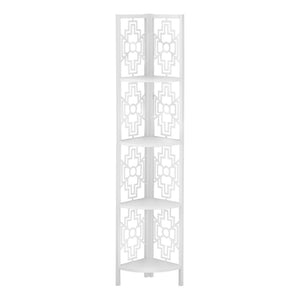 HomeRoots 62" Elegant White Metal Corner Bookcase with Geometric Cutwork - Stylish Storage for Any Room 366068