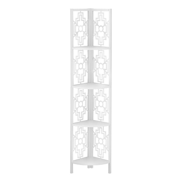 HomeRoots 62" Elegant White Metal Corner Bookcase with Geometric Cutwork - Stylish Storage for Any Room 366068