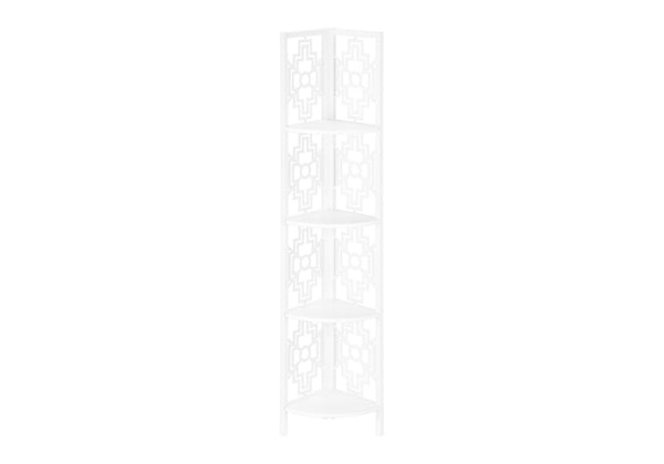 HomeRoots 62" Elegant White Metal Corner Bookcase with Geometric Cutwork - Stylish Storage for Any Room 366068