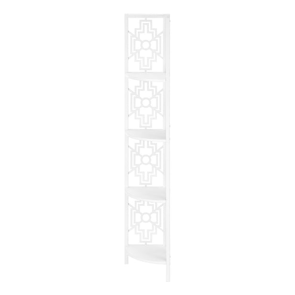 HomeRoots 62" Elegant White Metal Corner Bookcase with Geometric Cutwork - Stylish Storage for Any Room 366068