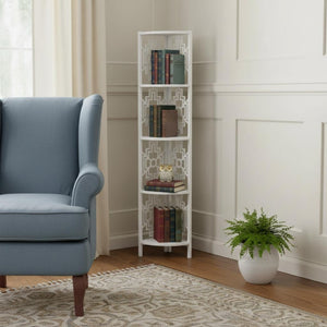 HomeRoots 62" Elegant White Metal Corner Bookcase with Geometric Cutwork - Stylish Storage for Any Room 366068