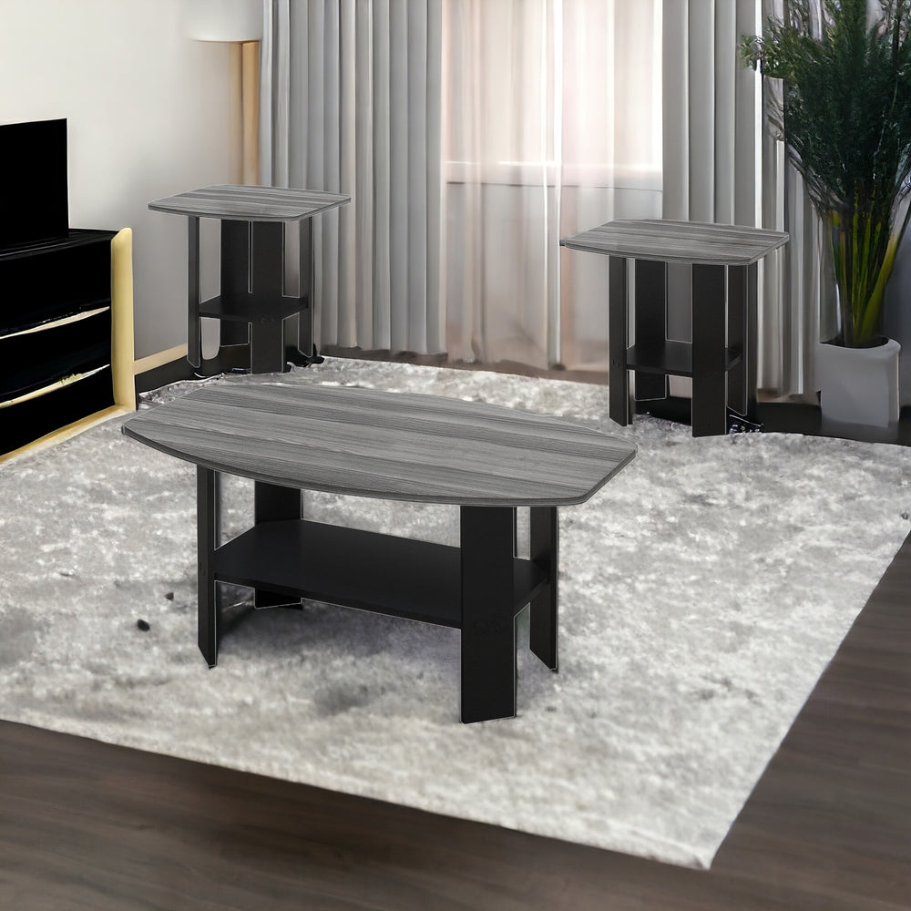 Homeroots Set Of Three 36" Gray And Black Wood Coffee Table With Shelf   366082