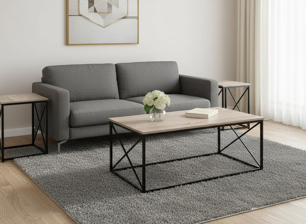 HomeRoots Set of Three Stylish 42" Beige and Black Metal Coffee Tables for Versatile Living Room Decor 366086