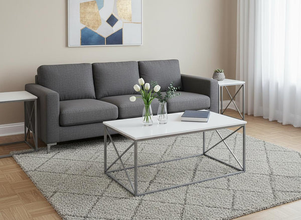 HomeRoots Set of Three 42" Modern White and Silver Metal Coffee Tables for Stylish Living Room Decor 366087