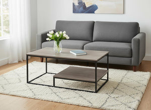 HomeRoots Set of Three Contemporary Taupe & Black Metal Coffee Tables with Lower Shelf for Stylish Living Rooms 366092