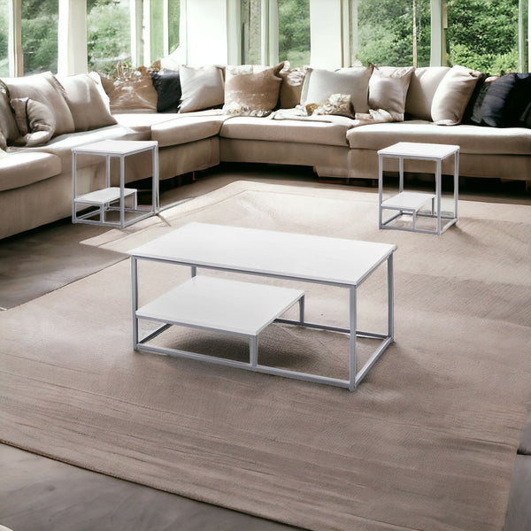 Homeroots Set Of Three 42" White And Silver Metal Coffee Table With Shelf   366093