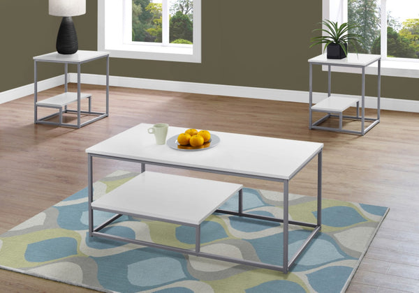 HomeRoots Set of Three 42" Modern White & Silver Metal Coffee Tables with Shelf for Stylish Living Room Decor 366093